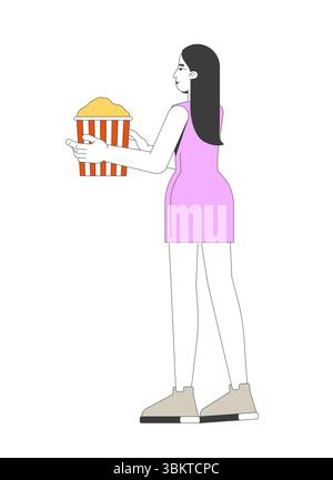 Donna asiatica dai capelli lunghi in un mini abito che porta il personaggio dei cartoni animati 2D con secchio di popcorn Illustrazione Vettoriale