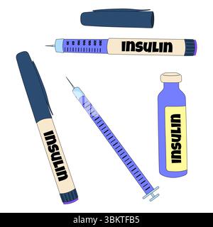 Set di penne per insulina, siringa e flaconcino - strumenti di trattamento del diabete mellito per il controllo della glicemia. Illustrazione medica piatta isolata su dorso bianco Illustrazione Vettoriale