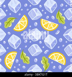 Motivo senza cuciture con vivaci fette di limone, cubetti di ghiaccio, rinfrescanti foglie di menta e goccioline, per creare un design fresco e rinfrescante perfetto per su Illustrazione Vettoriale
