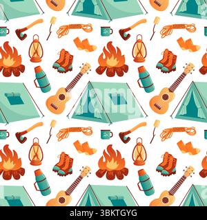 la vivace illustrazione vettoriale mostra un divertente motivo da campeggio con tende, falò, scarponi da trekking, lanterne e attrezzature per esterni. Perfetto per adve Illustrazione Vettoriale