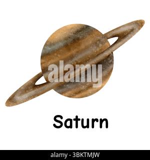 Bellissimo pianeta Saturno del sistema solare spaziale isolato su sfondo bianco. Illustrazione digitale acquerello Foto Stock