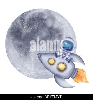 Astronauta, cosmonauta in casco seduto sul razzo, astronave luna e stella che sparava. Illustrazione digitale acquerello Foto Stock