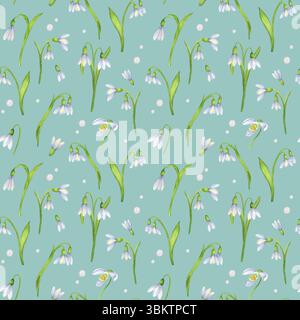 Motivo senza cuciture con gocce di neve bianche acquerello fiori selvatici e perle bianche su sfondo turchese chiaro. Illustrazione disegnata a mano per tessuti, coaguli Foto Stock