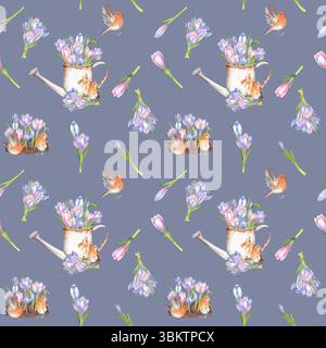 Motivo senza cuciture con crocchi e mazzi di acquerelli, uccelli robin e lattine da acquerello. Illustrazioni disegnate a mano da giardino primaverile per sfondi, tessuti Foto Stock
