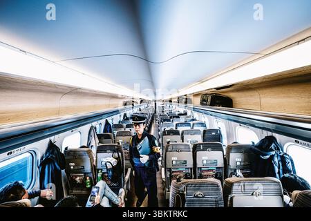 Riprese grandangolari dell'interno del treno ad alta velocità Hayabusa Shinkansen Foto Stock