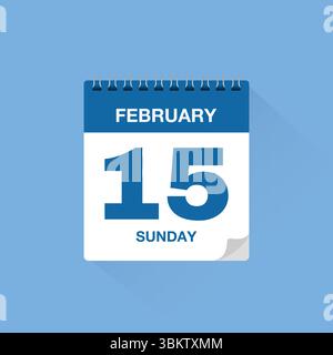 Calendario con data 15 febbraio. Vettore dell'icona del calendario del giorno, promemoria del calendario degli eventi, simbolo della data del programma aziendale, modello di scadenza, simbolo dell'appuntamento Illustrazione Vettoriale