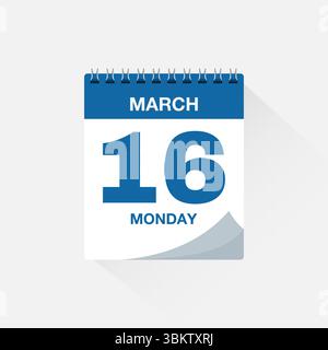 Calendario giornaliero con data 16 marzo. Vettore icona calendario. Promemoria calendario eventi, firma della data del programma aziendale, modello di scadenza, simbolo dell'appuntamento Illustrazione Vettoriale