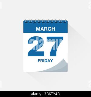 Calendario giornaliero con data marzo 27. Vettore icona calendario. Promemoria calendario eventi, firma della data del programma aziendale, modello di scadenza, simbolo dell'appuntamento Illustrazione Vettoriale
