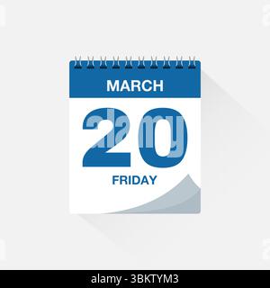 Calendario giornaliero con data 20 marzo. Vettore icona calendario. Promemoria calendario eventi, firma della data del programma aziendale, modello di scadenza, simbolo dell'appuntamento Illustrazione Vettoriale
