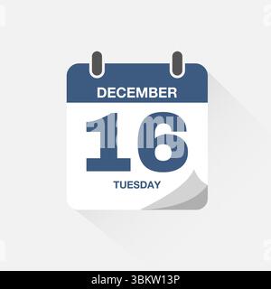 Calendario giornaliero con data 16 dicembre. Vettore icona calendario. Promemoria calendario eventi, firma della data del programma aziendale, modello di scadenza, simbolo dell'appuntamento Illustrazione Vettoriale