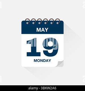Calendario con data 19 maggio, icona calendario giorno illustrazione vettoriale. Modello promemoria calendario eventi, programma riunioni aziendali, simbolo della data dell'appuntamento Illustrazione Vettoriale
