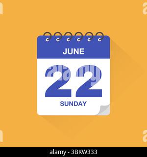 Calendario giornaliero con data 22 giugno. Vettore icona calendario. Promemoria calendario eventi, cartello programma riunioni aziendali, modello di scadenza, simbolo appuntamento Illustrazione Vettoriale