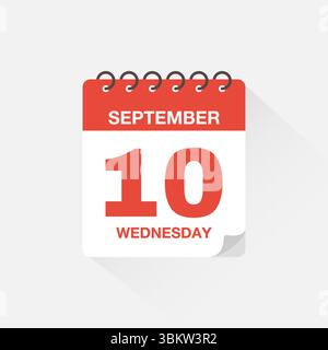 Calendario giornaliero con data 10 settembre. Vettore icona calendario. Promemoria del calendario eventi, simbolo della data di pianificazione delle riunioni aziendali, simbolo della data dell'appuntamento. Illustrazione Vettoriale