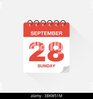 Calendario giornaliero con data settembre 28. Vettore icona calendario. Promemoria del calendario eventi, simbolo della data di pianificazione delle riunioni aziendali, simbolo della data dell'appuntamento. Illustrazione Vettoriale
