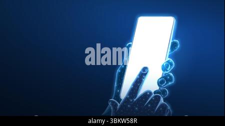 Telefono cellulare. Astratto poligonale wireframe closeup telefono cellulare con bianco vuoto schermo vuoto in mano uomo e dita. Illustrazione Vettoriale