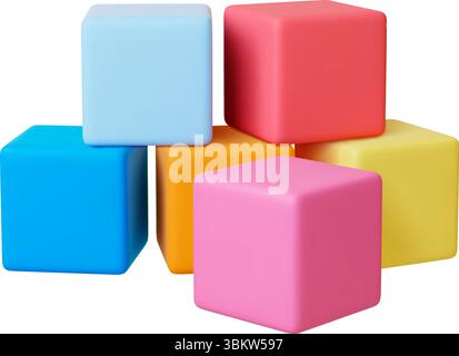 Composizione 3d a cubetti di plastica. Cubo colorato isolato, rotazione diversa. Metafora del lavoro di squadra, supporto. Bambini semplici giocattoli per lo sviluppo, vettoriali Illustrazione Vettoriale
