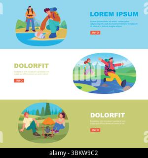 Striscioni per picnic. escursionismo per i turisti per rilassarsi con gli zaini in spalla Illustrazione Vettoriale