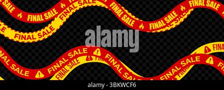 Striscione a nastro di avviso di vendita finale con nastri ondulati rossi gialli, tipografia grassetto, icone di allarme e fuoco su sfondo trasparente per vendita al dettaglio, e-Commerce Illustrazione Vettoriale