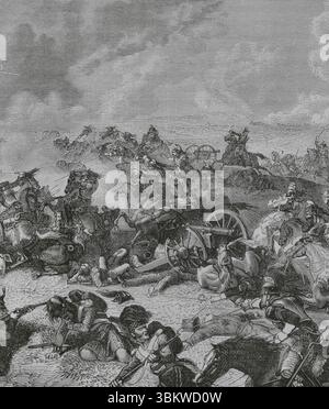 Battaglia di Waterloo. Il combattimento ebbe luogo il 18 giugno 1815 nell'attuale Belgio. Napoleone fu sconfitto da due degli eserciti della settima coalizione. Il maresciallo Ney, a capo dei corazzieri della divisione Delort, si è accusato contro la divisione britannica del generale Alten. Disegno di Philippoteaux. Incisione di Deschamps. Dettagli. Histoire du Consulat et de l'Empire (storia del Consolato e dell'Impero di Francia sotto Napoleone), di A. Thiers. Volume IV. Pubblicato a Barcellona, 1879. Foto Stock