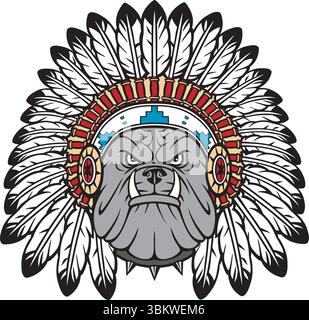 Capo Bulldog arrabbiato con il copricapo dei nativi americani. Illustrazione vettoriale. Illustrazione Vettoriale
