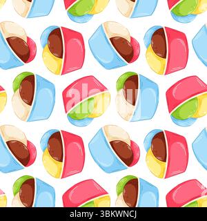 Colorato motivo senza cuciture di gelato ai cartoni animati in tazza di carta con cioccolato, vaniglia, pistacchio, menta e sapore di frutta. Perfetto per l'estate Illustrazione Vettoriale
