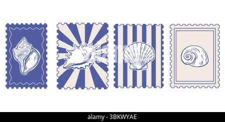 Francobolli illustrati con disegni di conchiglie in tavolozza retrò costiera, evocando temi di viaggio estivo mediterraneo e nostalgia marina. Illustrazione Vettoriale