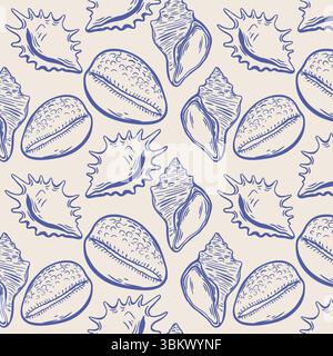 Motivo retrò senza cuciture di conchiglie disegnate a mano su sfondo beige, perfetto per il design a tema mediterraneo e la decorazione estiva delle superfici. Illustrazione Vettoriale