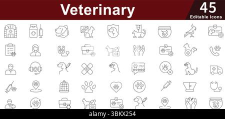 Set icone linea veterinaria e cura animali domestici - salute animale, clinica, Medicina e Welfare Vector Set. Tratto modificabile Illustrazione Vettoriale