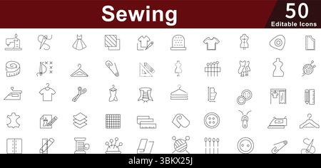 Set di icone della linea di cucitura e sartoria - Moda, artigianato, lavorazione ad ago, tessuto e set di vettori per Atelier. Tratto modificabile Illustrazione Vettoriale
