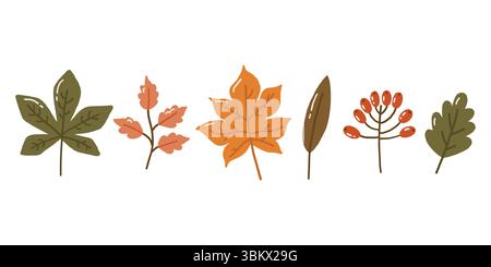 Elementi autunnali illustrazioni a doodle, foglie colorate autunnali, set accogliente in autunno Illustrazione Vettoriale