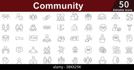 Set di icone Community Social Network - 50 icone di connessione del gruppo modificabili per la raccolta di vettori di coinvolgimento locale, volontariato e partecipazione civica Illustrazione Vettoriale