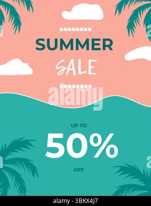 Sconti estivi. Banner con immagine di sconto. Tema spiaggia, mare verde e cielo rosa. Illustrazione vettoriale. Modello per promozioni e acquisti estivi Illustrazione Vettoriale