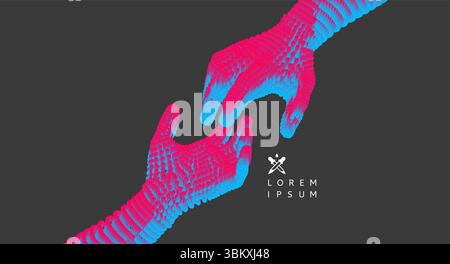 Mani che si avvicinano. Concetto di relazione umana, di comunione o di partenariato. Struttura di connessione. Illustrazione vettoriale 3D. Illustrazione Vettoriale