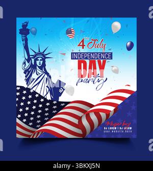 USA giorno dell'indipendenza 4 luglio giorno dell'indipendenza con palloncini e bandiera. Modello post-promozione sui social media del 4 luglio Independence Day Illustrazione Vettoriale