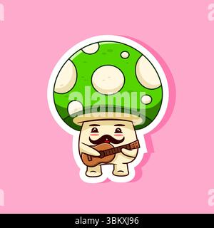 Adesivo Mushroom Playing Guitar Vector Illustration Cartoon Design Illustrazione Vettoriale