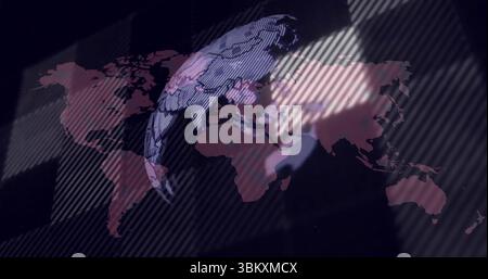 Visualizzazione del globo 3D semitrasparente che ruota sulla sovrapposizione rossa della mappa, con motivo a strisce diagonali Foto Stock