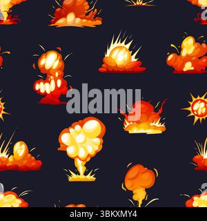 Esplosioni di cartoni animati motivo senza cuciture. Bombe di dinamite rosse effetti esplosivi. Design Energy print per tessuto, carta da parati, rivestimento, sfondo vettoriale Illustrazione Vettoriale