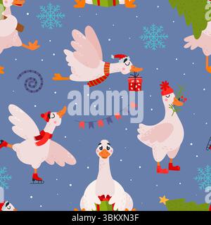 Motivo senza cuciture di oche natalizie. Oca divertente con regalo di Capodanno, ramo di abete e confezione regalo. Stampa per tessuti, carta da parati, cartoni animati di classe vettoriale Illustrazione Vettoriale