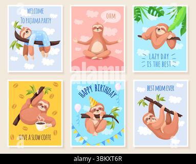 Carte pigri. Cartoni animati cartoni animati sonnolenti e cartoni animati, lento e divertente sonno di animali durante la festa del pigiama di compleanno degli alberi della foresta con caffè ambientato in zoo tropicale, illustrazione vettoriale ordinata opera d'arte originale Illustrazione Vettoriale