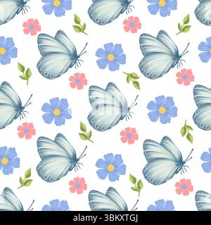 Motivo acquerello senza cuciture con farfalle bianche, fiori blu e rosa e rami verdi. Design morbido e delicato per tessuti e decorazioni per vivai Foto Stock