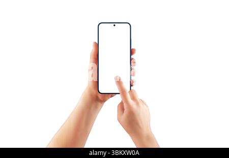 Mani femminili isolate che tengono e toccano lo smartphone con schermo vuoto. Ideale per il mockup di app mobili, la progettazione UX o l'anteprima dell'interfaccia utente Foto Stock
