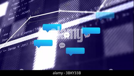 Visualizzazione di bolle blu che fluttuano sul cruscotto con icone vocali grigie, codice e grafico diagonale Foto Stock