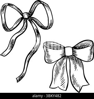 Archi fatti di nastri. Illustrazione grafica vettoriale in bianco e nero, realizzata a mano. Isola su sfondo bianco. Un elemento di design per volantini e banner Illustrazione Vettoriale