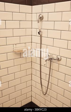 Primo piano di un angolo doccia moderno e pulito con piastrelle classiche bianche della metropolitana, rubinetto cromato, soffione portatile e ripiano in metallo minimalista. L'interno de Foto Stock