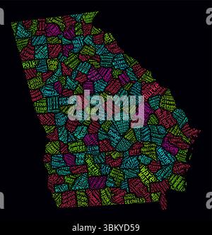 Georgia, Word Cloud. Design luminoso in stile neon su sfondo scuro. Fumetto di testo nomi regione. Forma di delimitazione con divisione amministrativa. Illustrazione Vettoriale