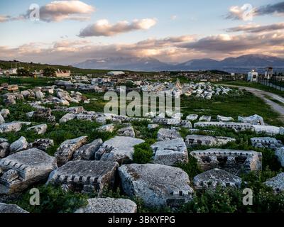 L'immagine mostra le rovine di Hierapolis, un'antica città situata vicino a Pamukkale in Turchia. Le rovine sono sparse in un campo erboso, con montagne sullo sfondo. L'immagine cattura il significato storico e la bellezza naturale del sito. Foto Stock
