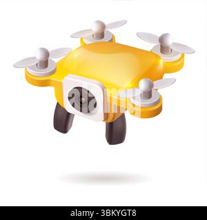 Un vibrante drone giallo dotato di fotocamera ad alta risoluzione si libra graziosamente nel cielo azzurro sopra di noi Illustrazione Vettoriale