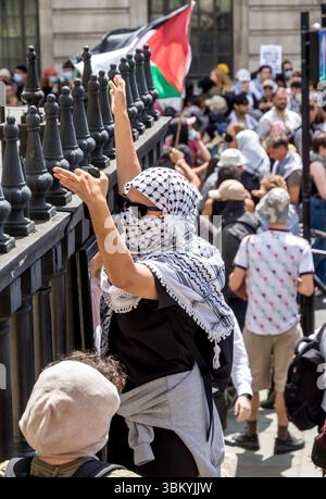 Trafalgar Square Londra, Regno Unito. 23 giugno 2025. Come dice il Segretario di Stato per gli interni Yvette Cooper proscriverà Palestine Action dopo che hanno attaccato diversi aerei della RAF a Brize Norton, il gruppo e i loro sostenitori protestano a Trafalgar Square. Un certo numero di arresti sono stati fatti con conseguenti scontri tra manifestanti e agenti di polizia. Crediti: Newspics UK London/Alamy Live News Foto Stock