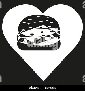 Icona Burger. Simbolo del cuore di cheeseburger. Illustrazione dei fast food. Grafica dello spuntino vettoriale. Illustrazione Vettoriale