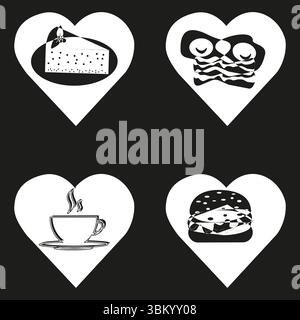 Icona torta. Simbolo delle uova da colazione. Vettore della tazza di caffè. Illustrazione Burger Heart. Illustrazione Vettoriale
